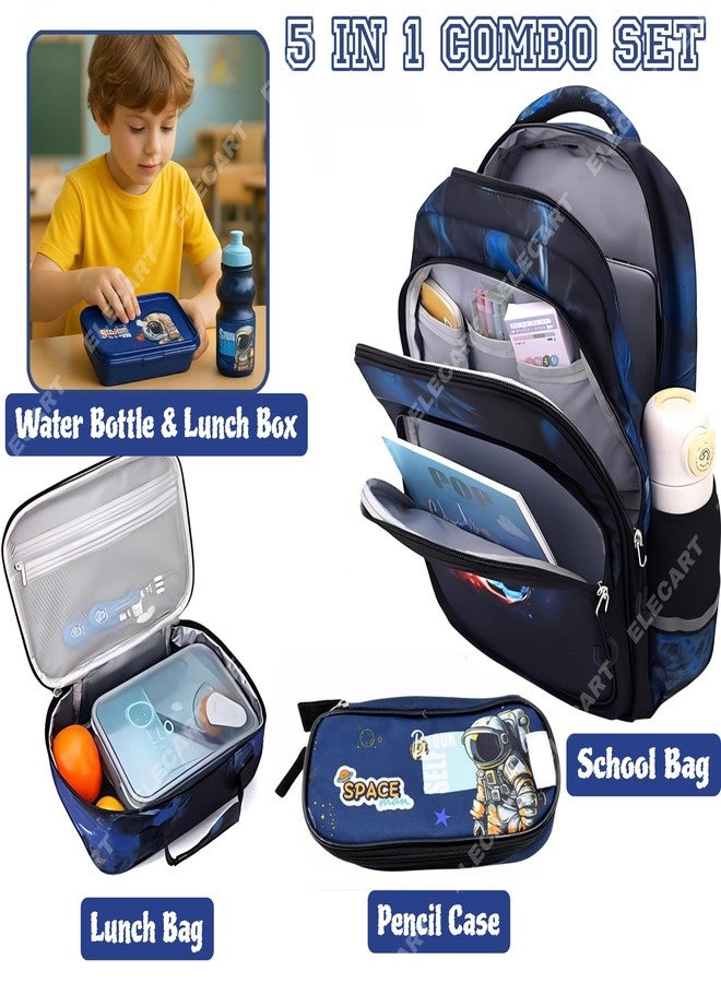 Elecart School Bag Combo Set for Girls - 5 in 1 Back to School Hamper with Backpack, Lunch Bag, Tiffin Box, Water Bottle & Pencil Pouch - Complete School Essentials Gift Set for Kids (Astronaut) - Image 2